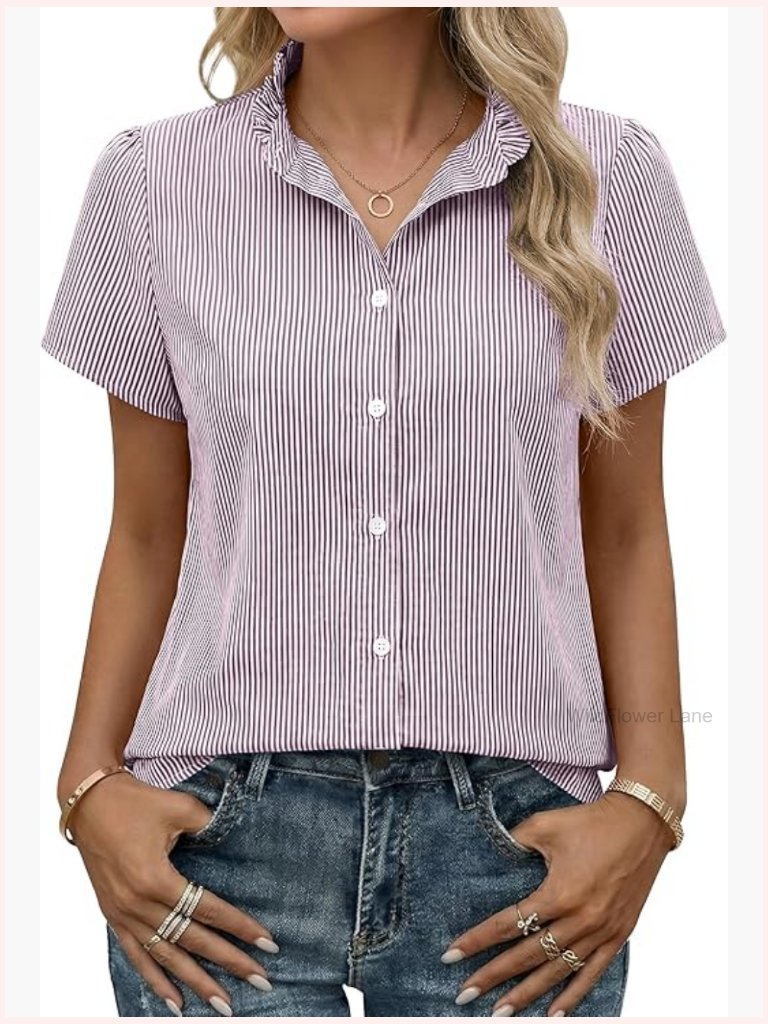 Striped Short Sleeve Button Down Shirt Ruffle Collar Blouse